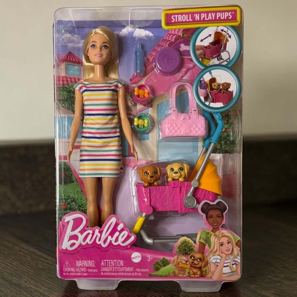 Barbie Stroll 'N Play Pups Playset with Doll, Puppies, & Transforming Stroller